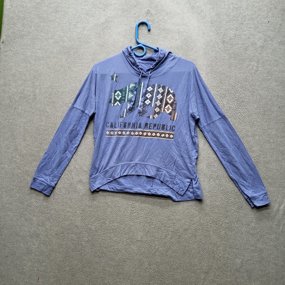 Hybrid Apparel Women Top M Blue‎ Hooded California Republic Long Sleeve